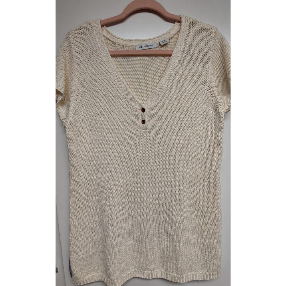 Liz Claiborne Short-Sleeved Long Knit Top V-Neck 2 Button Women's XL Cream Color